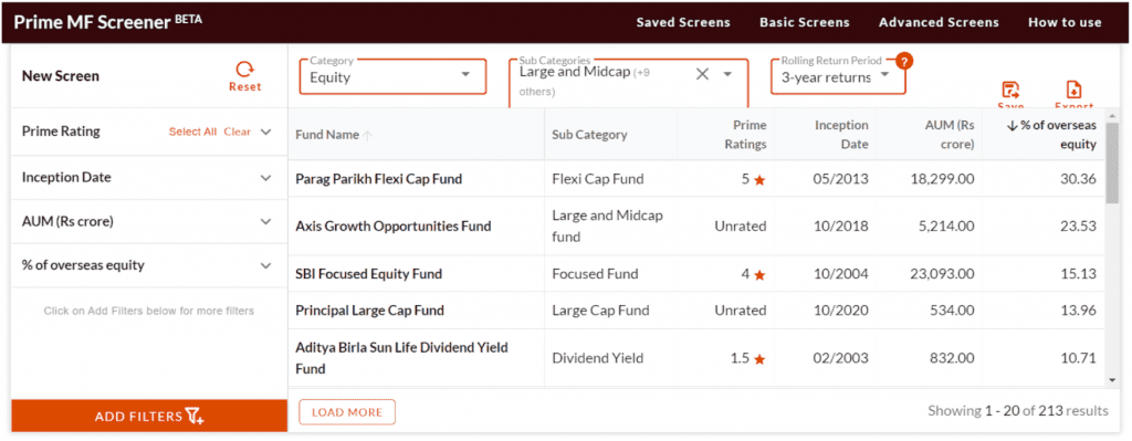 Prime MF Screener - exposure to overseas stocks