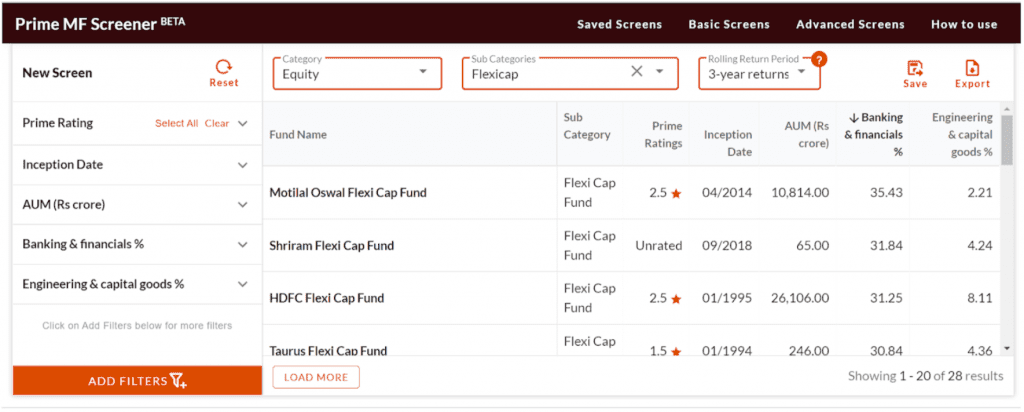 Prime MF Screener - key sectors