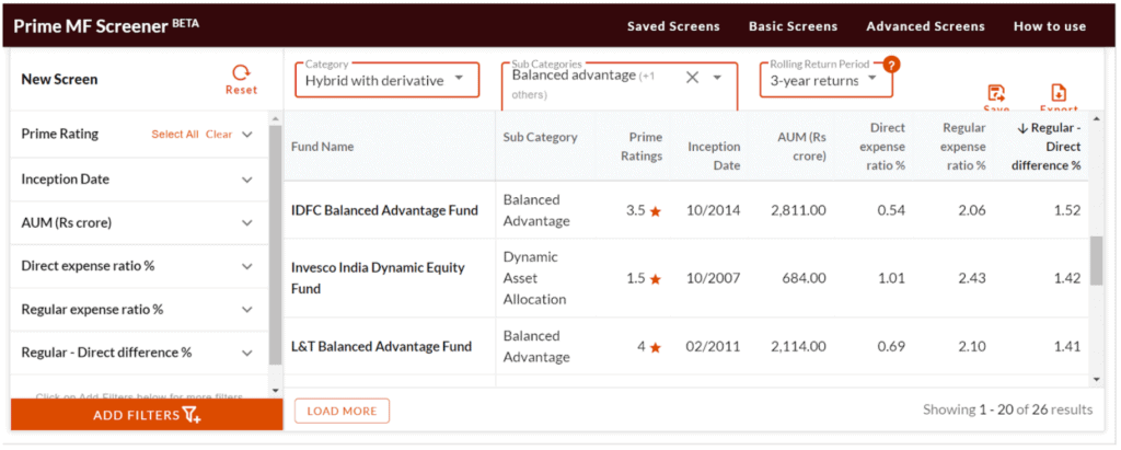 Prime MF Screener - expense ratio differential