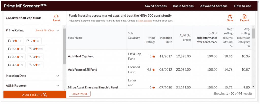 Prime MF Screener - beats nifty 500 consistently