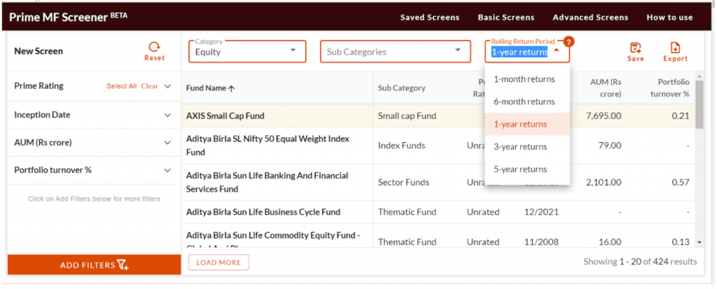 Prime MF Screener demo