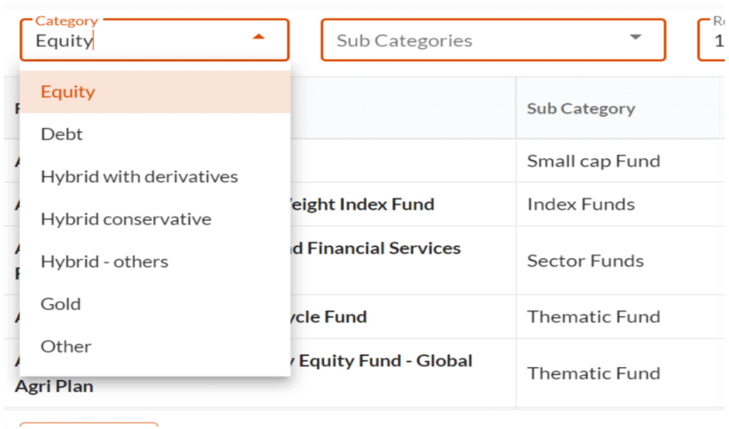 Prime MF Screener - Category input