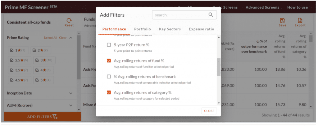 Prime MF Screener - Add filters