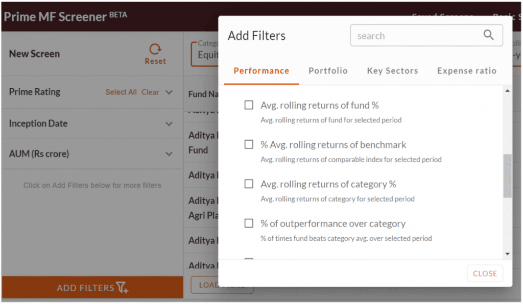 Prime MF Screener - performance filter