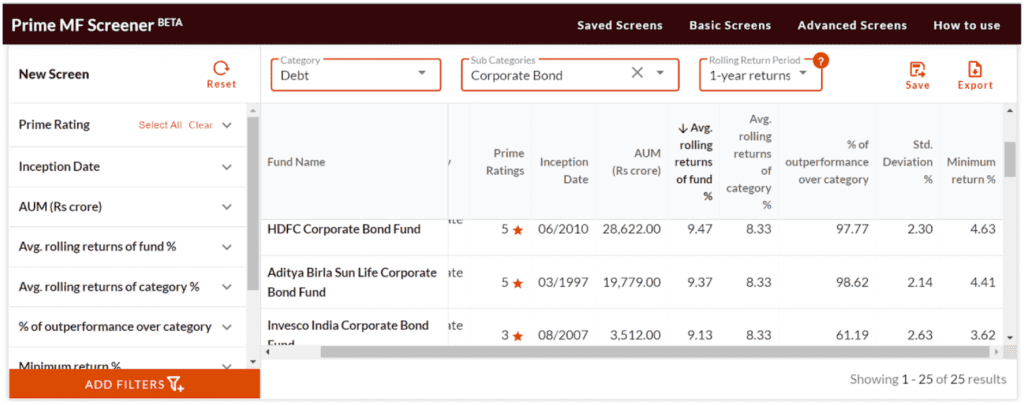 Prime MF Screener - mixing metrics