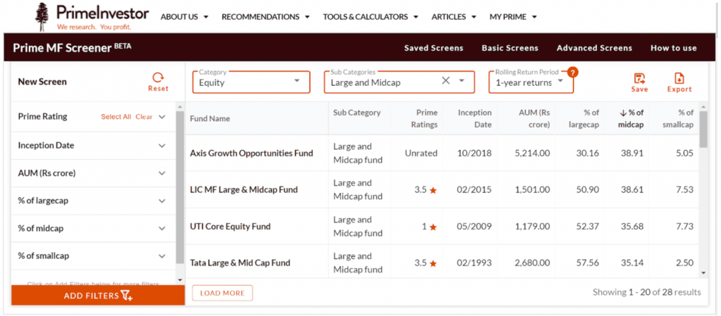 Prime MF Screener - portfolio filter