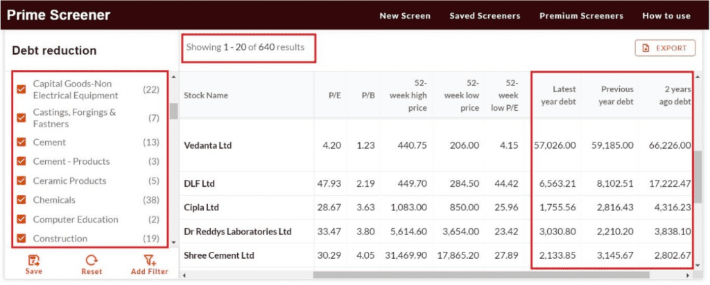 Prime Stock Screeners, Debt Reduction Filter