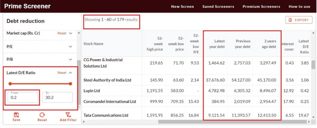 Prime Stock Screeners, Debt Reduction Filter